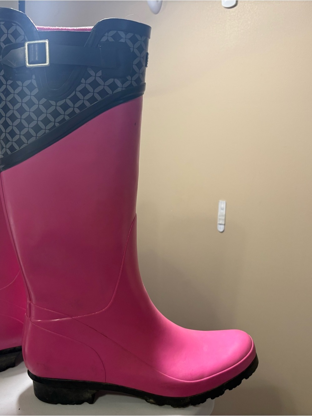 Women’s Waterproof Pink Rain Boots with Patterned Cuff